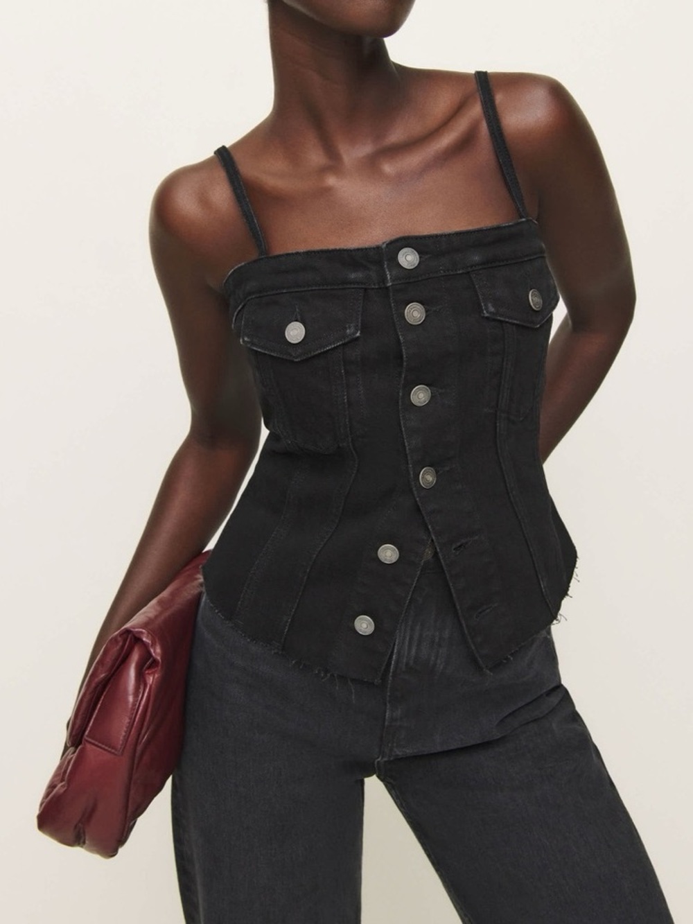 Reformation Coco Denim Top Black Corset Cami Button Front Size 8 NWT